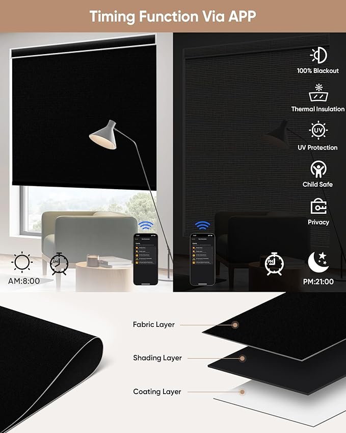 Motorized Blinds with Remote: Kincmo 100% Blackout Roller Shades Work with Apple Homekit,Alexa,Google Home, Customized Electric Blinds with App,Voice Control (100% Blackout Vinyl Black)