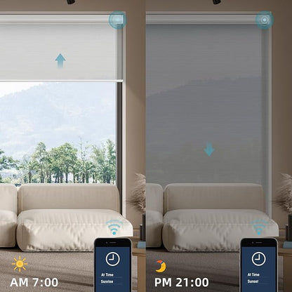 SmartWings Motorized Smart Roller Shades in Light Filtering, Electric Blinds with Remote for Windows Compatible with Alexa/Google Home/Homekit, Customized, PVC Free Pearl 5% Openness
