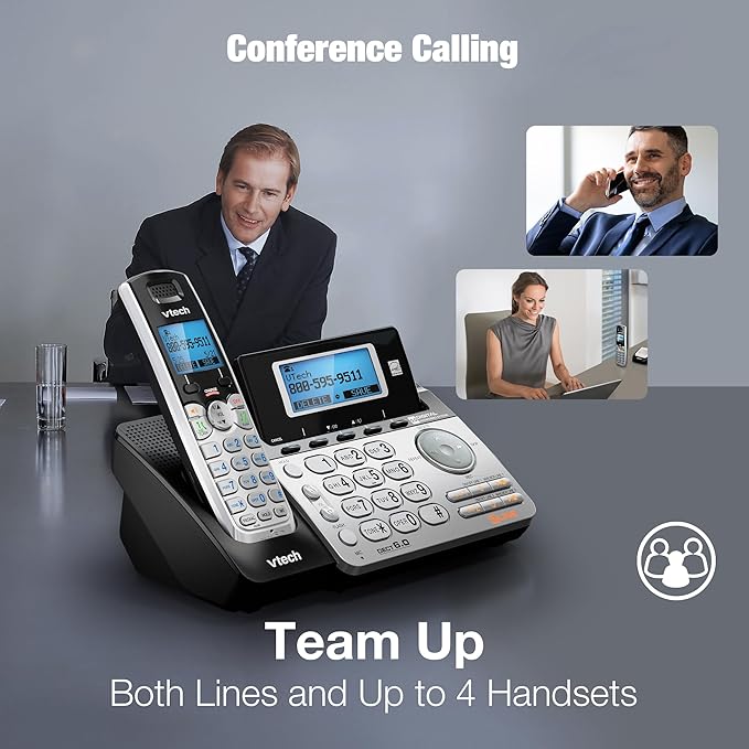 VTech 4-Handset 2-Line Cordless Phone for Small Business or Home with Answering System and Mailbox on Each Line, Caller ID/Call Waiting, Conference Call | DS6151 with 4 Handsets Bundle (Black/Silver)