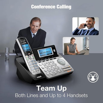 VTech 4-Handset 2-Line Cordless Phone for Small Business or Home with Answering System and Mailbox on Each Line, Caller ID/Call Waiting, Conference Call | DS6151 with 4 Handsets Bundle (Black/Silver)