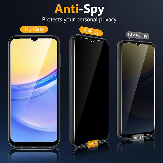 [2 Pack]Asstar for Privacy Screen Protector for Samsung Galaxy A15 5G 6.5",9H Shatterproof Tempered Glass Screen Protector for Samsung Galaxy A15 5G Case Friendly Accessories Military-Grade Protection