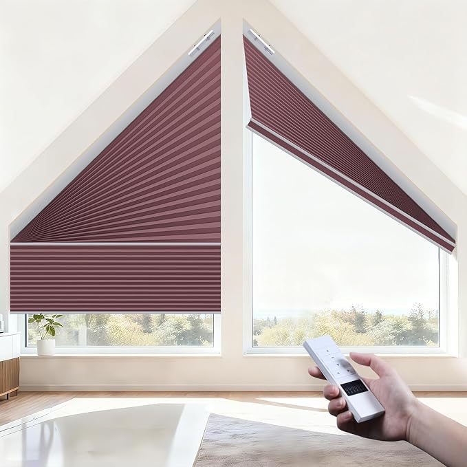 Godark Smart Angled Customized Blackout Honeycomb Blinds Suitable for Trapezoidal/Triangular/Polygonal Windows Motorized Cellular Shades Compatible with Alexa/Google Home/Tuya APP-Maroon