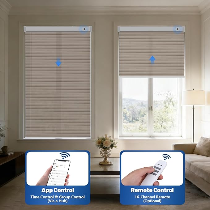 Motorized Cellular Shades with Remote, Light Filtering Smart Cellular Shades Compatible with Alexa, Honeycomb Window Blinds for Bedroom Home Office, Custom Size, Half Shading Golden Brown