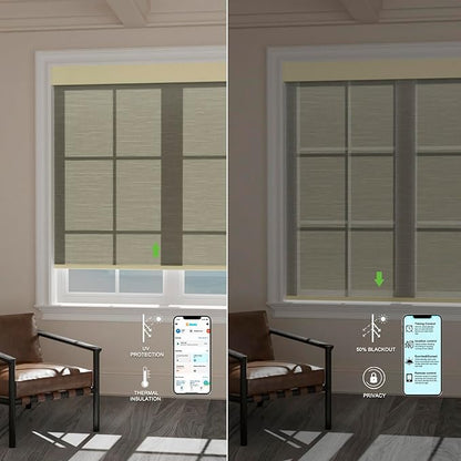 Motorized Blinds with Remote [Light Filtering] Smart Blinds Compatible with Alexa Google HomeKit, 50% Blackout Automatic Roller Shades for Indoor Windows, Customized Size, Mist Olivewood