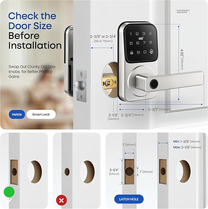 Smart Door Lock with Handle, Heittis Fingerprint Smart Lock with Touchscreen Keypad - Keyless Biometric Deadbolt Door Knob for Front Door, Bedroom, Interior or Exterior Use (Nickel, App Control)