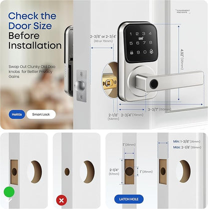 Smart Door Lock with Handle, Heittis Fingerprint Smart Lock with Touchscreen Keypad - Keyless Biometric Deadbolt Door Knob for Front Door, Bedroom, Interior or Exterior Use (Nickel, App Control)
