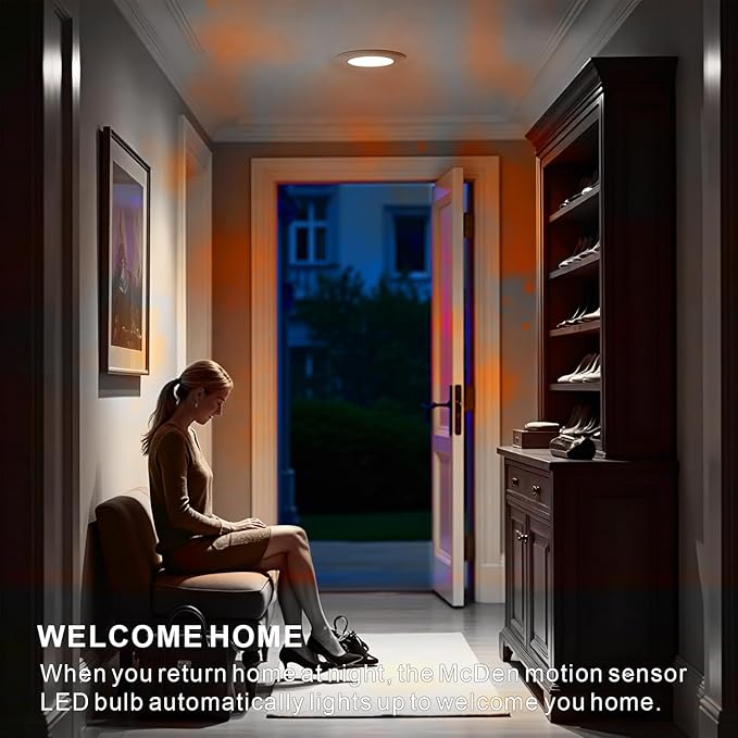 McDen Motion Sensor Light Bulb, A21 15W Equivalent 100W 3000K Warm White, Indoor Motion Activation Detector Light Bulb, E26 Base Dusk to Dawn Security Night Light. 4 Packs