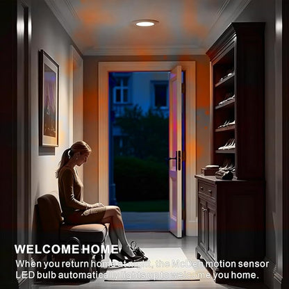 McDen Motion Sensor Light Bulb, A21 15W Equivalent 100W 3000K Warm White, Indoor Motion Activation Detector Light Bulb, E26 Base Dusk to Dawn Security Night Light. 4 Packs