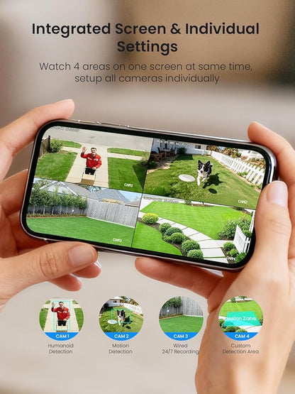 Solar Camera Outdoor Wireless, No Subscription, Expandable to 10CH, 4 Cam Kit Home Security Camera System, 4MP Color Night Vision, 360° Pan&Tilt, PIR/AI Detection, Works Offline & 2.4G/5G WiFi