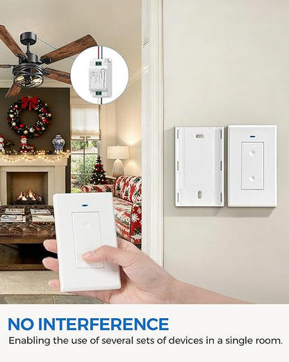 Wireless Light Switch and Receiver Kit, WILAWELS Wireless On Off Switches for Ceiling Light, Lamp, Moveable Remote Wall Switch, 100FT RF Range, No in-Wall Wiring Required, Pre-Programmed W06RC1106