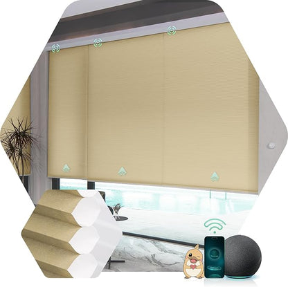 Yoolax Motorized Cellular Shades Compatible with Alexa, Light Filtering Motorized Blinds with Remote Smart Honeycomb Shades for Indoor Windows, Automatic Blinds Custom Size (Light Coffee)