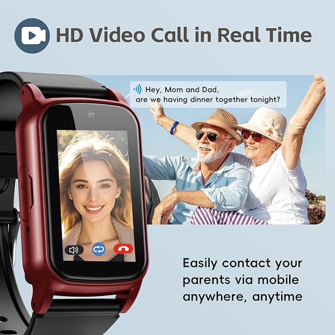 Fall Detection Smart Watch for Seniors with GPS Tracking, SOS Alert & HD Video Call, Waterproof Fitness Tracker for Dementia/Alzheimer’s, 4G Safety (Modern, Red)