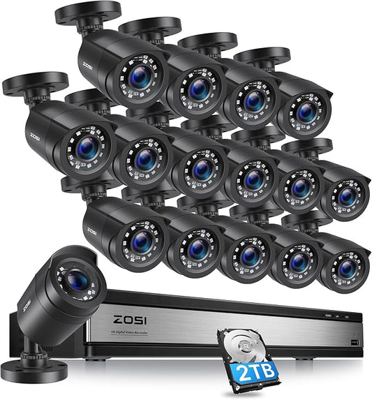 ZOSI H.265+ 16 Channel Security Camera System 1080p, Hybrid DVR Recorder with AI Human Vehicle Detect, 16 x 2MP CCTV Bullet Camera Outdoor Indoor, Night Vision, 90°Wide Angle, Remote Access, 2TB HDD