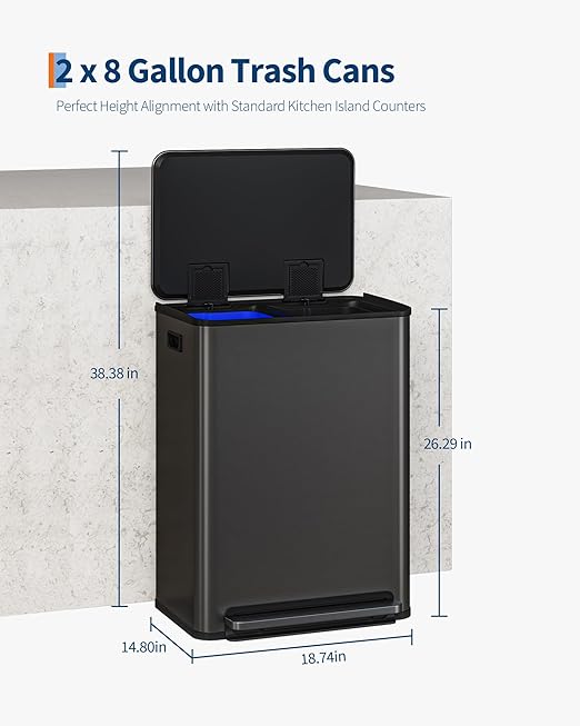 Garvee Stainless Steel Garbage Can, 2 x 8 gal Dual Compartment Trash Can with 2 Inner Buckets and Soft Close Lid, Foot Pedal Garbage Bin for Bathroom, Living Room, Kitchen, Black