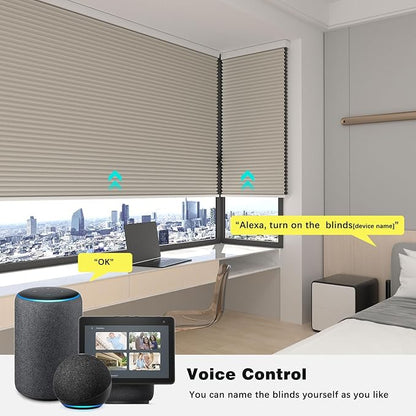 Changshade Motorized Blackout Cellular Shades for Indoor Windows Smart Blinds Automatic Electric Power with Remote Control, Custom Size Honeycomb Blind Compatible with Alexa, Google Home, Beige
