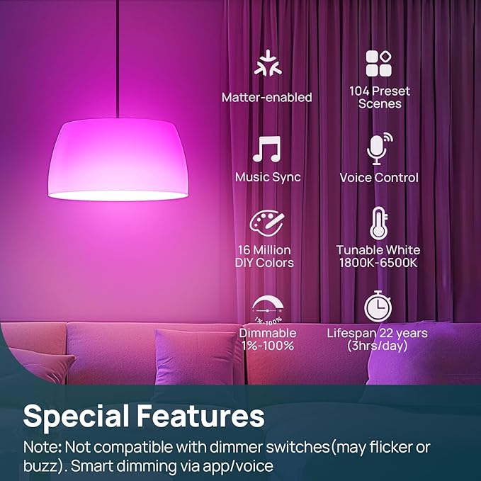 Linkind Matter Smart Light Bulbs 1100LM (75W Equivalent) 4Pack Bundle Matter Smart Light Bulbs 800LM (60W Equivalent) 4Pack (Compatible with Alexa/Apple Home/Siri/Google Home/SmartThings)