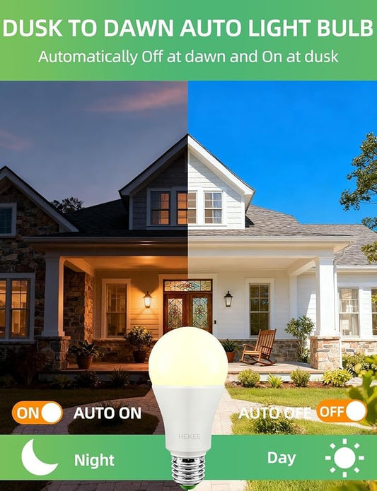 HEKEE Dusk to Dawn Sensor Light Bulbs LED A19 900 Lumens, Outdoor Porch Lights, 60 Watt Equivalent, Warm White 2700K Soft White Security Bulb(Auto on/Off), E26 Screw Base(4 Pack)