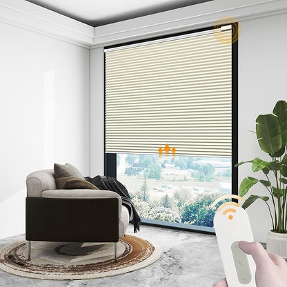 Motorized Cellular Shades Cordless Blackout Rechargeable Automatic Window Curtains with Remote for Privacy Protection Smart Home Electric Honeycomb Blinds for Windows, Custom Size Beige