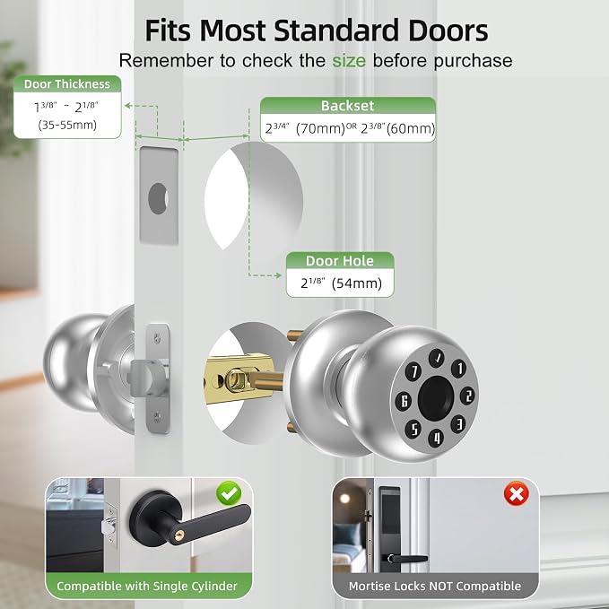 Fingerprint Door Knob, Smart Door Knob, Biometric Door Knob with Code, App Control, Auto Lock, Fingerprint Door Lock,Thumb Print Door Knobs for Bedroom, Office, Apartment，Silver