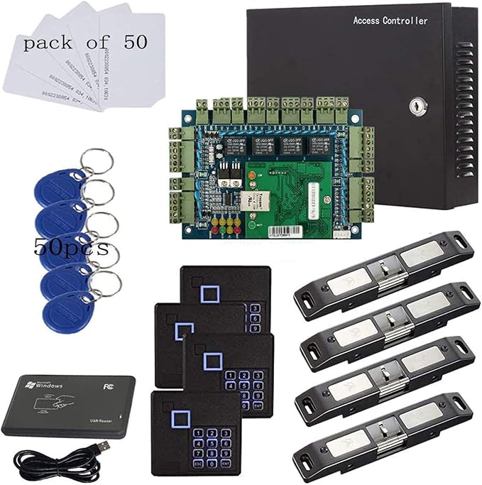 TCP/IP Network 4 Door Smart Access Control Panel System Electric Strike Lock for Push Panic Bar Device Emergency Door, RFID Keypad Reader Enroll USB Reader 110V Power Supply Box