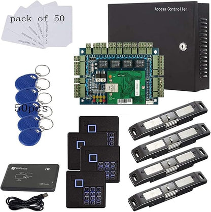 TCP/IP Network 4 Door Smart Access Control Panel System Electric Strike Lock for Push Panic Bar Device Emergency Door, RFID Keypad Reader Enroll USB Reader 110V Power Supply Box