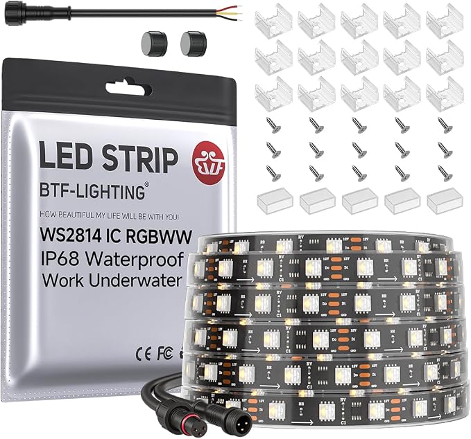 BTF-LIGHTING WS2814 RGBW IC DC12V 16.4ft 60LEDs/m RGB+Warm White IP68 | Waterproof Outdoor LED Strip Addressable Dream Color 5050SMD Light 20Pixels/m Can Work Outdoor(No Adapter or Controller)
