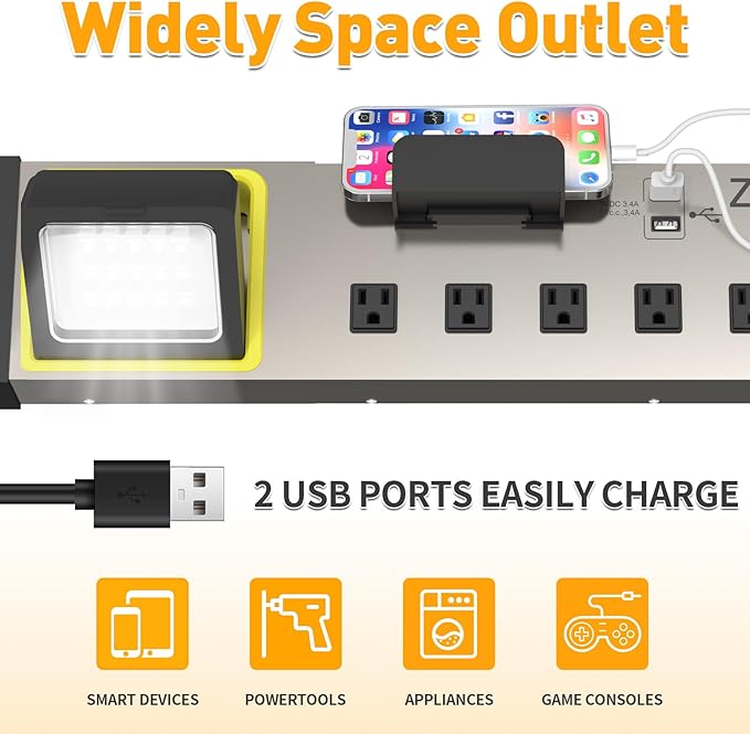 ZESEN 10-Outlet Power Strip with LED Worklight Surge Protector 4ft Cord with Dual Smart USB, Workshop/Garage/Office/Home, ETL Listed