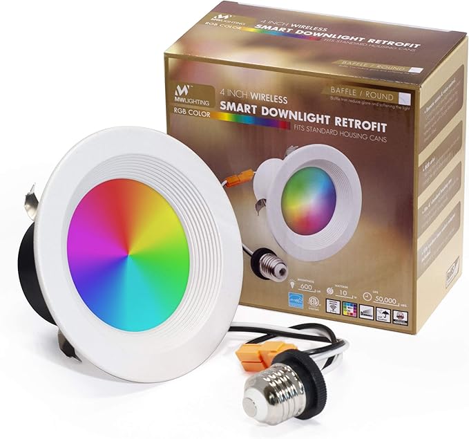 MW 4 inch RGB Color Smart Downlight Retrofit with Baffle Trim, 800 Lumen, 65W Incandescent Equal, WiFi Access, No Hub Required, Compatible with Alexa or Google Assistant (1 Pack)