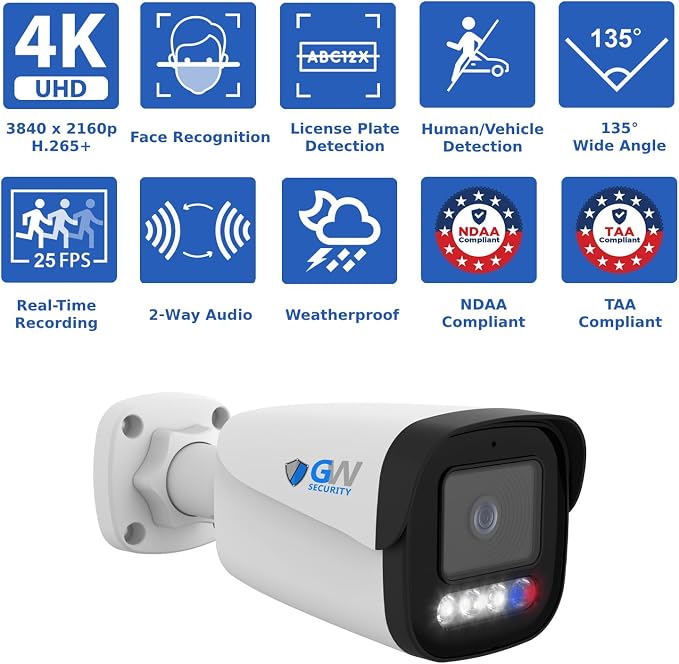 GW Security UltraHD 4K Face Recognition Two-Way Audio 32 Channel Security Camera System with 32 x 8MP Real-Time Full Color Night Vision Outdoor & Indoor AI PoE Bullet Cameras, NDAA & TAA Compliant