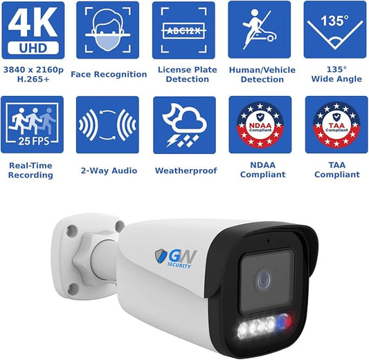 GW Security UltraHD 4K Face Recognition Two-Way Audio 32 Channel Security Camera System with 32 x 8MP Real-Time Full Color Night Vision Outdoor & Indoor AI PoE Bullet Cameras, NDAA & TAA Compliant