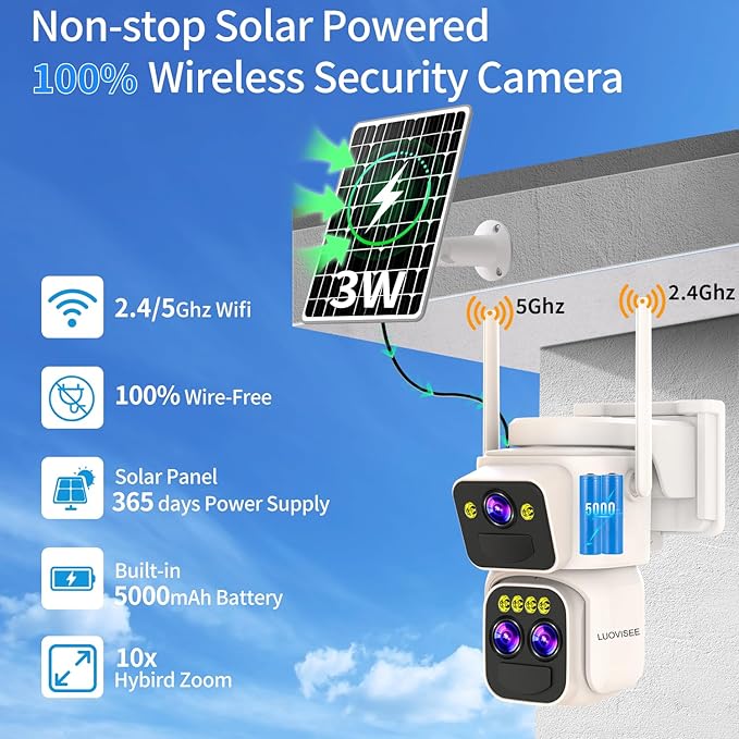 Triple-Lens Solar Security Cameras Wireless Outdoor, 360 PTZ Cameras for Home Security with 10x Hybrid Zoom, 5G/2.4G WiFi, No Month Fee, PIR Alarm, Full Color Night Vision, Two-Way Audio, IP65