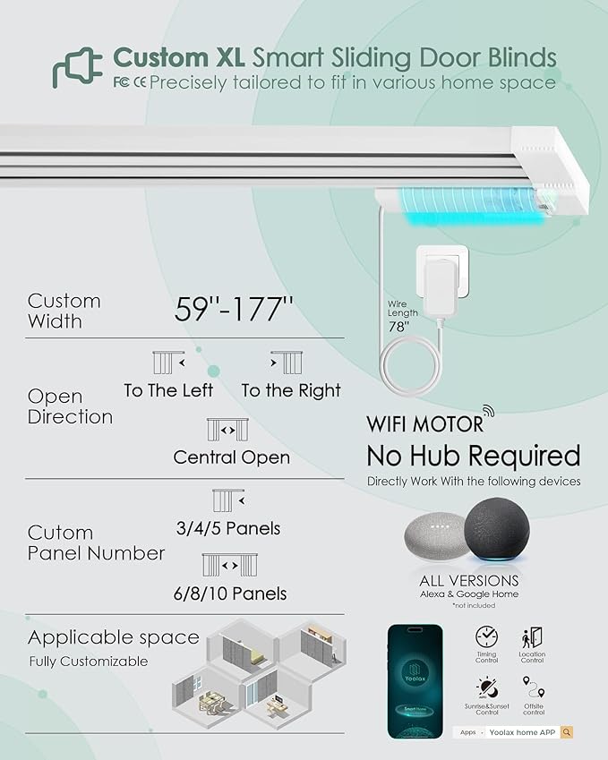 Yoolax Custom XL Smart Sliding Door Blinds, Motorized Sliding Panel Blinds Compatible with Alexa, Light Filtering Vertical Blinds for Glass Doors, Patio Doors, Closet Doors, Half Shading Pure White
