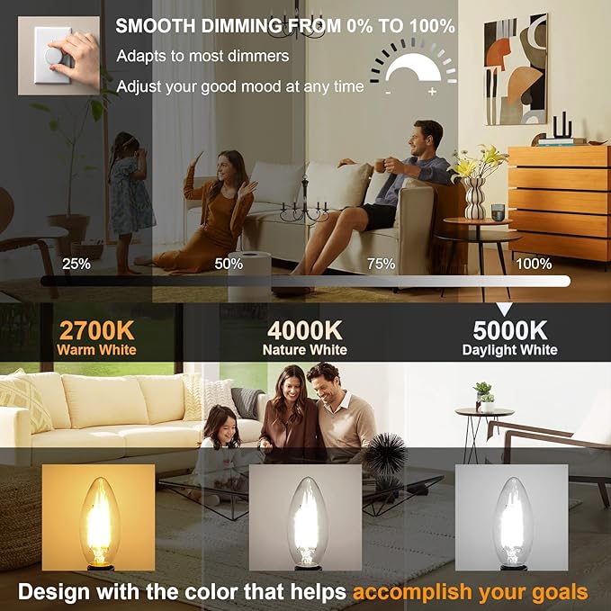 comzler E12 LED Candelabra Bulb Dimmable, Chandelier Light Bulb 5000K Daylight White,40W Equivalent,Type B Ceiling Fan Bulbs,C35 B11 Edison Filament Candle Bulbs Candle Lights,400LM,Pack of 6