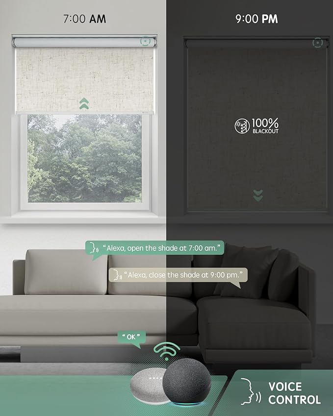 Yoolax Motorized Blinds with Remote, 100% Blackout Smart Blinds for Bedroom Home Office, Automatic Roller Window Shades Work with Alexa Voice Control, No Valance (Linen Beige, 42" W x 72" H)