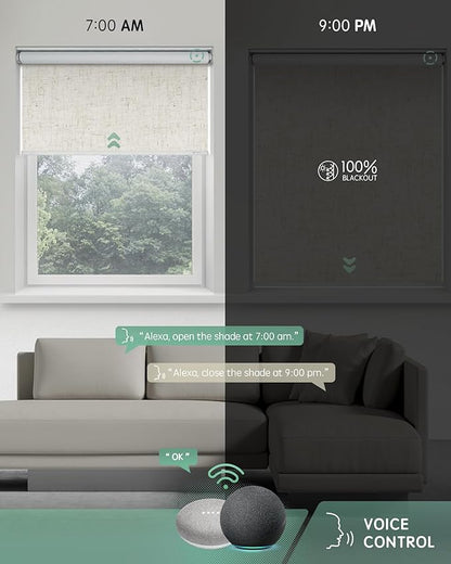Yoolax Motorized Blinds with Remote, 100% Blackout Smart Blinds for Bedroom Home Office, Automatic Roller Window Shades Work with Alexa Voice Control, No Valance (Linen Beige, 26" W x 72" H)