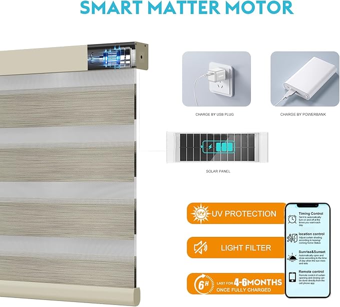 Motorized Zebra Blinds with Remote Smart Blind Work with Homekit Alexa SmartThings Electric Day and Night Shade Cordless Automatic Solar Powered Window Shade Customize(Carbon Coffee)