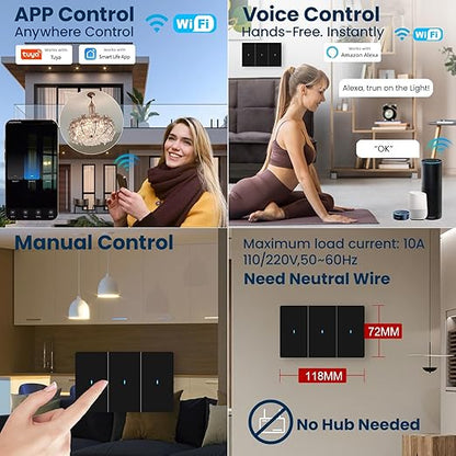Smart Light Switch Need Neutral Wire,FCC Certified,2.4GHz WiFi Push Button Switch Compatible with Alexa,APP Control Compatible with Tuya/Smart Life,Black 3 Gang