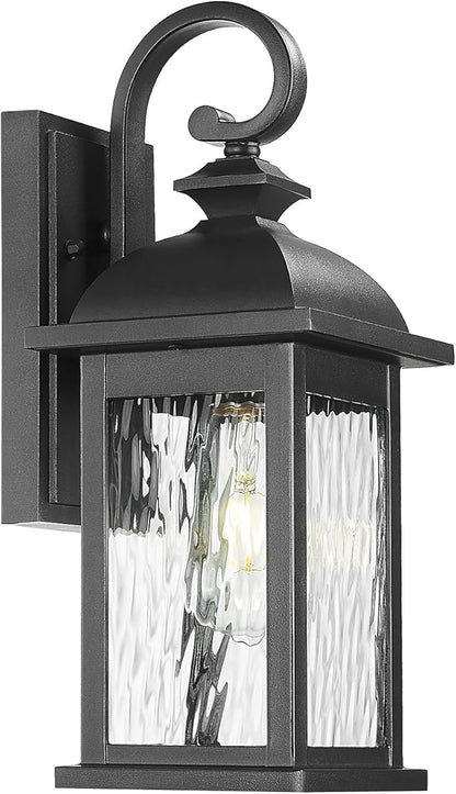 FEMILA Outdoor Wall Light Fixture, 1-Light Exterior Waterproof Wall Sconce, 15" Front Porch Lights, Anti-Rust Matte Black Finish with Water Ripple Glass, 4FD54B BK-WP