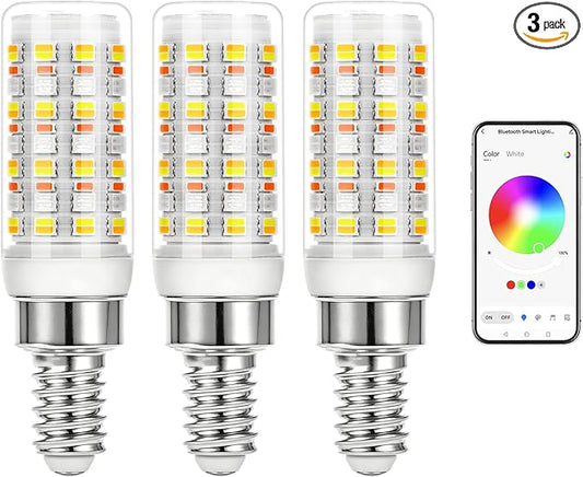 E12 LED Bulb, Smart Bluetooth RGB Color Changing Light Bulb with APP Control, AC 120V, 4W 400LM, 2700K-6500K Dimmable White,16 Million Colors,Brightness 1-100%,Timing & Music Mode (3 Pack, Bulbs Only）