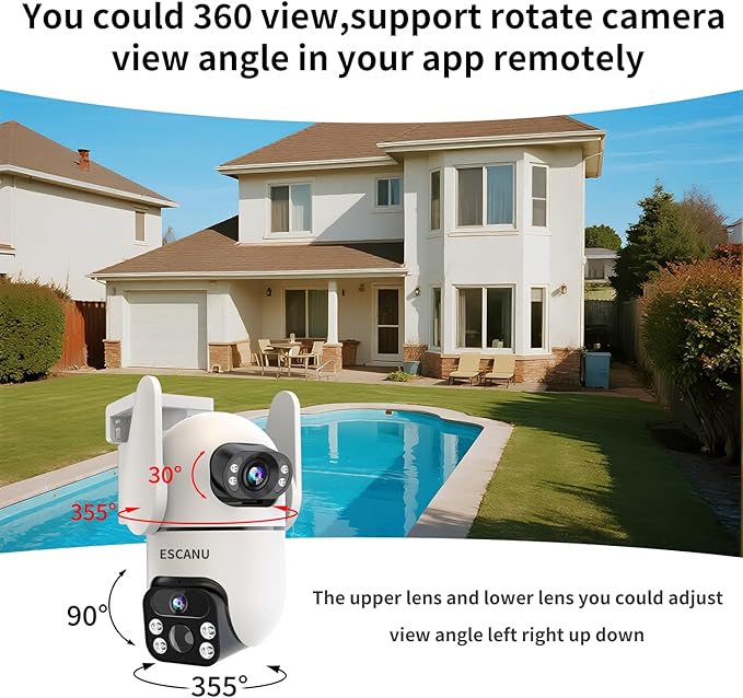 ESCANU Solar Security Cameras Outdoor Wireless,Cameras for Home Security with Dual Lens,360° View Pan/Tilt,Color Night Vision,2-Way Audio,SD/Cloud Storage,2.4GHz WiFi(2 Pack)