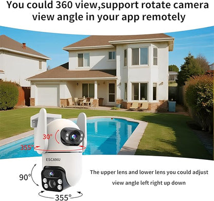 ESCANU Solar Security Cameras Outdoor Wireless,Cameras for Home Security with Dual Lens,360° View Pan/Tilt,Color Night Vision,2-Way Audio,SD/Cloud Storage,2.4GHz WiFi(2 Pack)