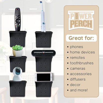 Power Perch Double Outlet Shelf Organizer for Alexa Echo Dot Speakers, Phone - Wall Outlet Holder with Cord Storage Strap - Socket Shelf Bathroom Kitchen Counter Charging Station - Black 2 Pack