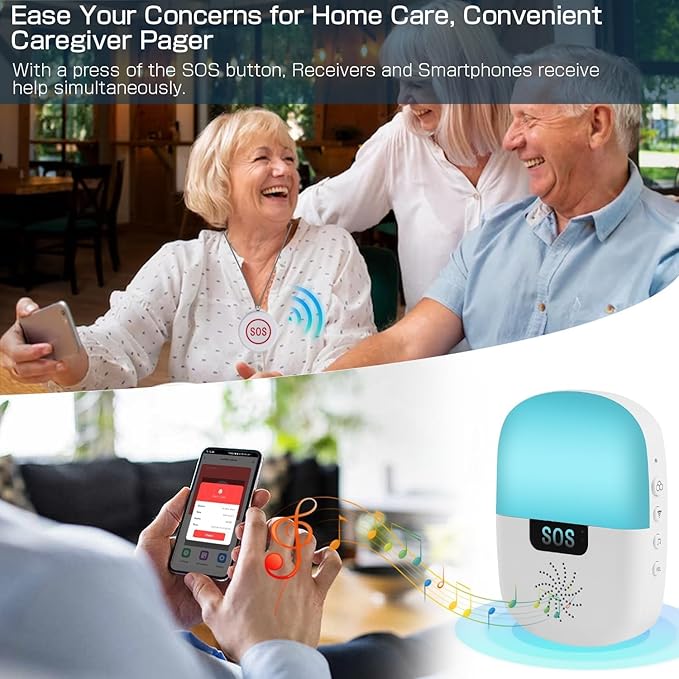 WiFi Caregiver Pager Wireless, Issufel Smart App Emergency Life Alert System Fall Call Button for Elderly Home Patients Disabled Pregnant Woman Seniors 1 Receiver+1 Call Button(2.4GHz Wi-Fi Only)