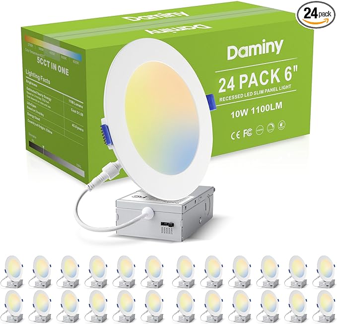 DAMINY 24 Pack 6 Inch LED Recessed Lighting with Junction Box,5CCT,Ultra-Thin Recessed Light,10W 1100LM, Dimmable Canless Wafer Ceiling Light, High Brightness