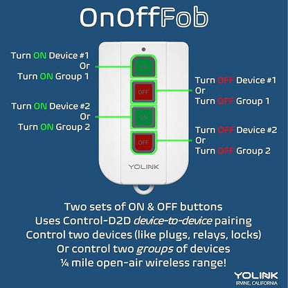 YoLink On/OffFob Programmable 2-Device/Group Smart Fob, LoRa Extreme Long (up to 1/4 Mile Open-air) Range for use with YoLink Smart Plugs, Light Switches, Plugs, Relays, Valves, Locks, etc.