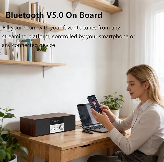 LONPOO Stereo Shelf System for Home, Vintage CD Player 40W RMS Micro Mini System with Remote Control, Bluetooth, FM Radio, USB MP3 Playback & Aux-in,Brown