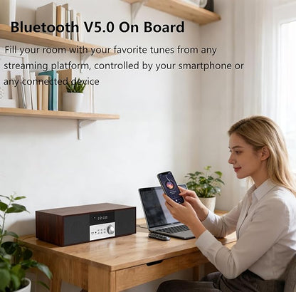 LONPOO Stereo Shelf System for Home, Vintage CD Player 40W RMS Micro Mini System with Remote Control, Bluetooth, FM Radio, USB MP3 Playback & Aux-in,Brown