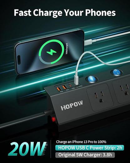 10FT Power Strip with Individual Switches, 5AC&2A2C, Flat Extension Cord