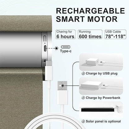 BERISSA Smart Motorized Blinds with Remote,No Drill Automatic Roller Blinds for Indoor Windows,Blackout Linen Fabric,Electric Shades for Windows Home Office,Brown,Custom Size