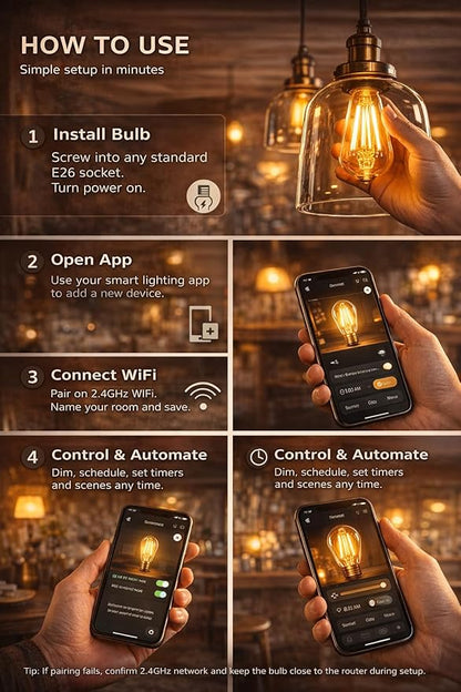 Smart Bulbs LED Smart Light Bulb WiFi Dimmable No Hub Required Edison Vintage WiFi Edison Smart Bulb ST19 Vintage Filament Smart Bulb E26 Base Soft Warm Amber No Hub Required